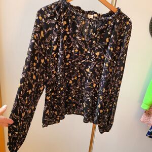 GAP Wnns Boho Black Floral Blouse  Long Slv With Front Tie Sz L
